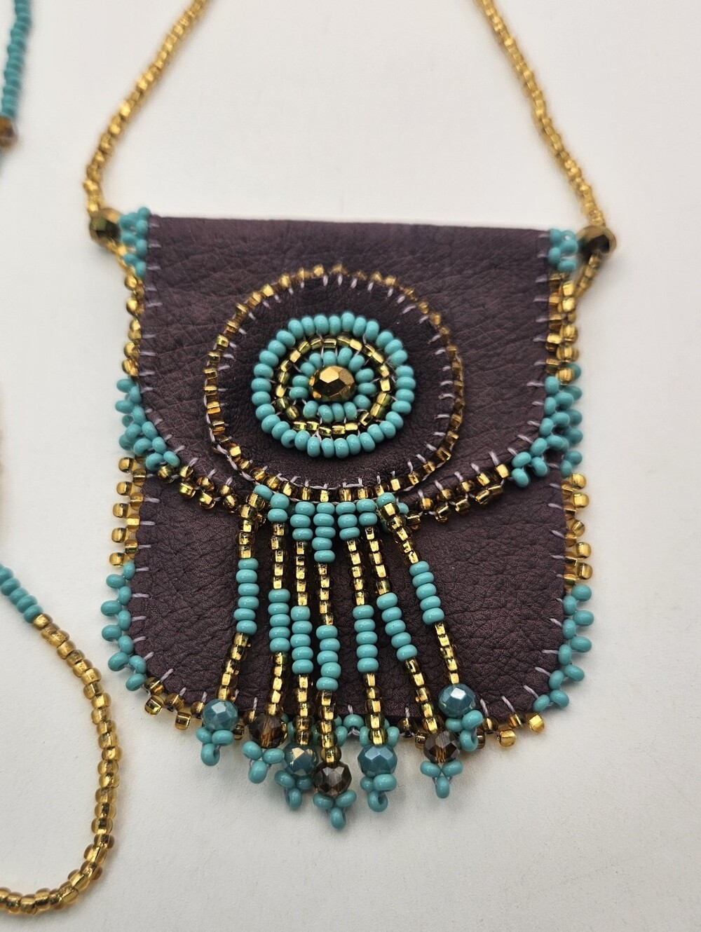 Vintage Beaded Leather Pouch Necklace Turquoise Gold Seed Bead Medicine Bag